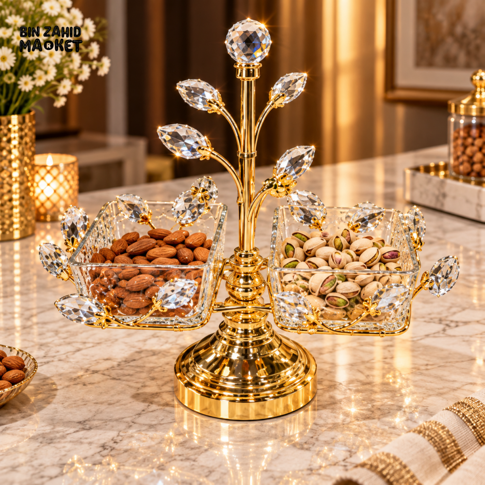LUXURY GOLDEN CRYSTAL LEAF 2-BOWL DRY FRUIT & NUT SERVING STAND