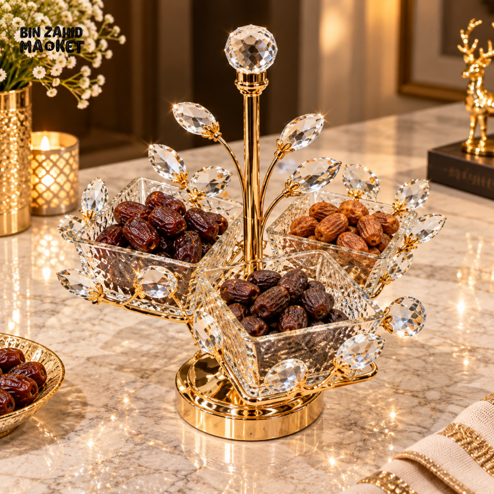 LUXURY GOLDEN CRYSTAL LEAF 3-BOWL DATES & DRY FRUIT SERVING STAND