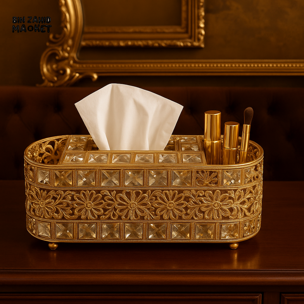 LUXURY GOLDEN CRYSTAL TISSUE BOX HOLDER – VANITY ROOM DECOR & COSMETIC ORGANIZER