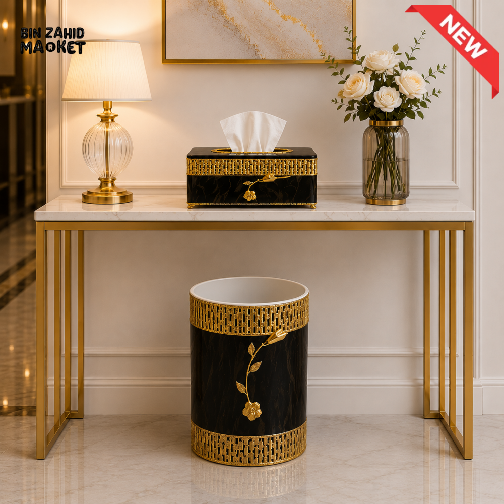LUXURY GOLDEN DECORATIVE TISSUE BOX & DUSTBIN SET - BLACK & GOLDEN