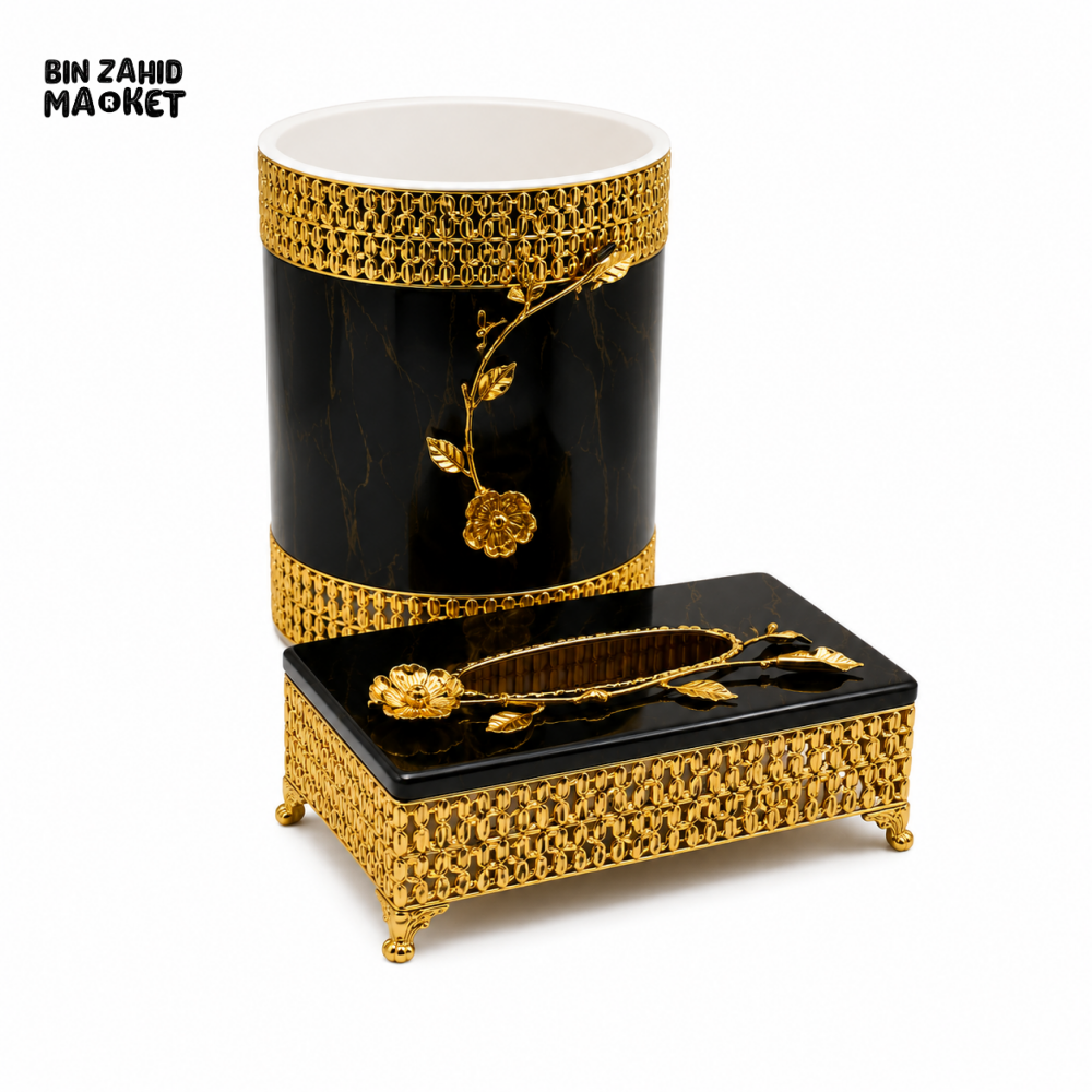 LUXURY GOLDEN DECORATIVE TISSUE BOX & DUSTBIN SET - BLACK & GOLDEN