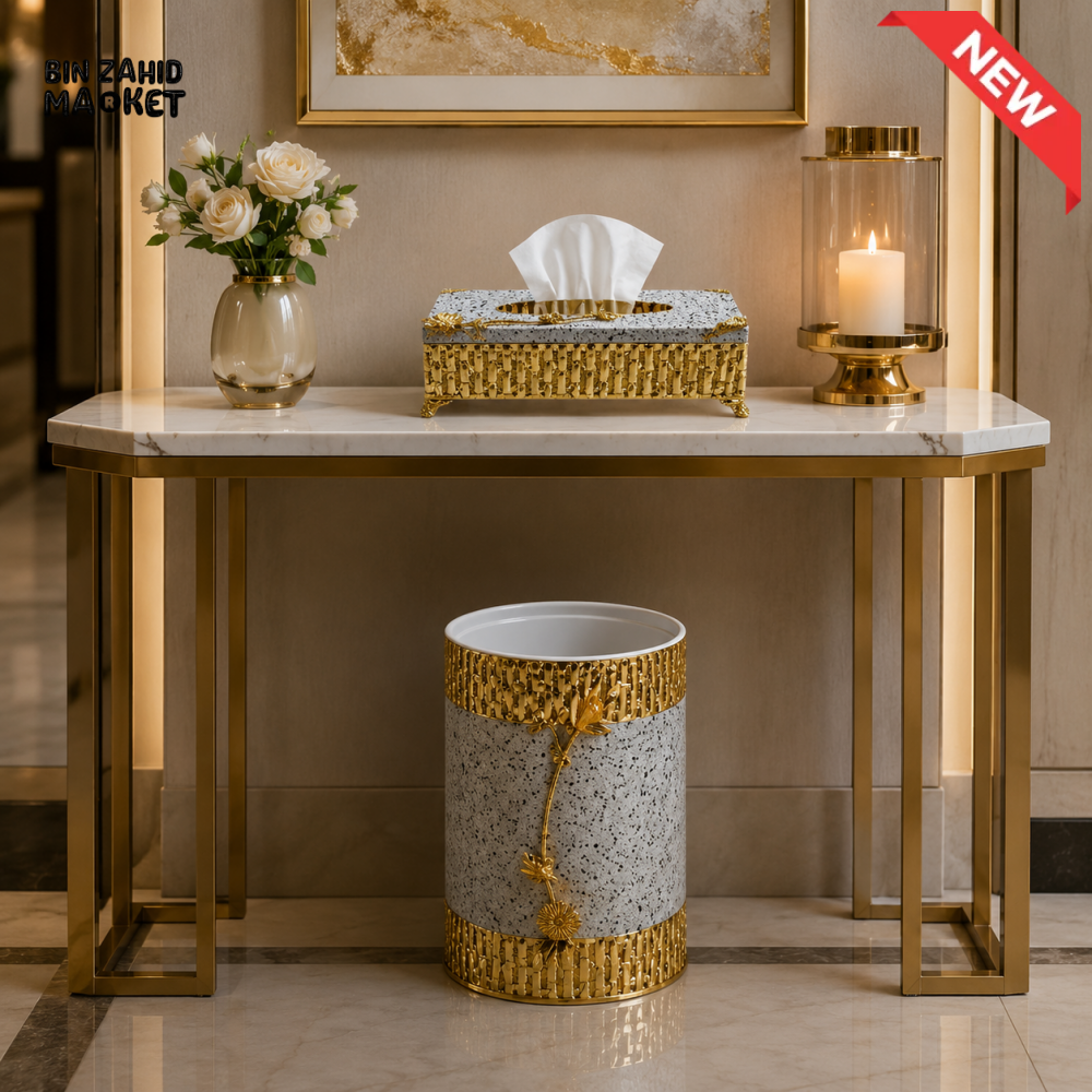 LUXURY GOLDEN DECORATIVE TISSUE BOX & DUSTBIN SET - WHITE & GOLDEN