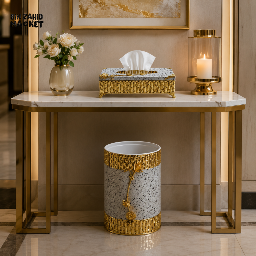 LUXURY GOLDEN DECORATIVE TISSUE BOX & DUSTBIN SET - WHITE & GOLDEN