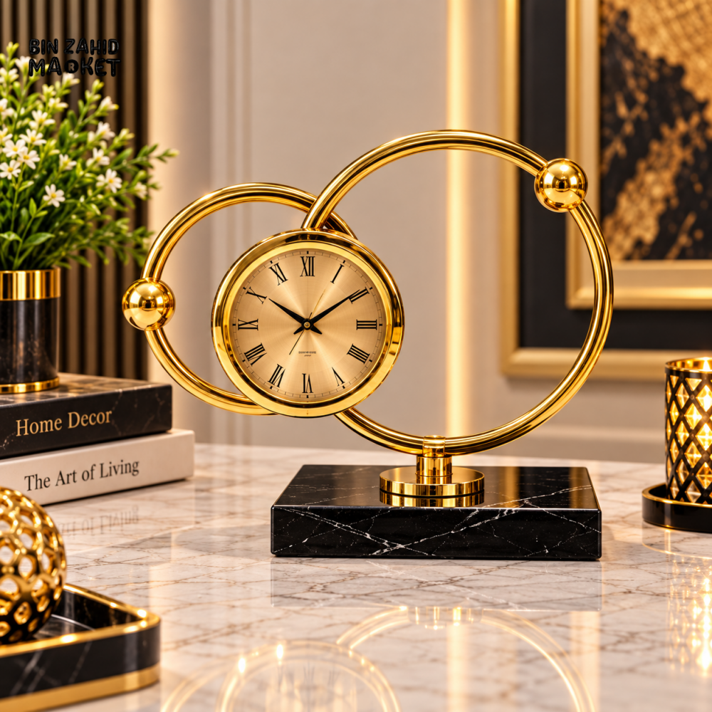 LUXURY GOLDEN DOUBLE RING TABLE CLOCK WITH BLACK MARBLE BASE