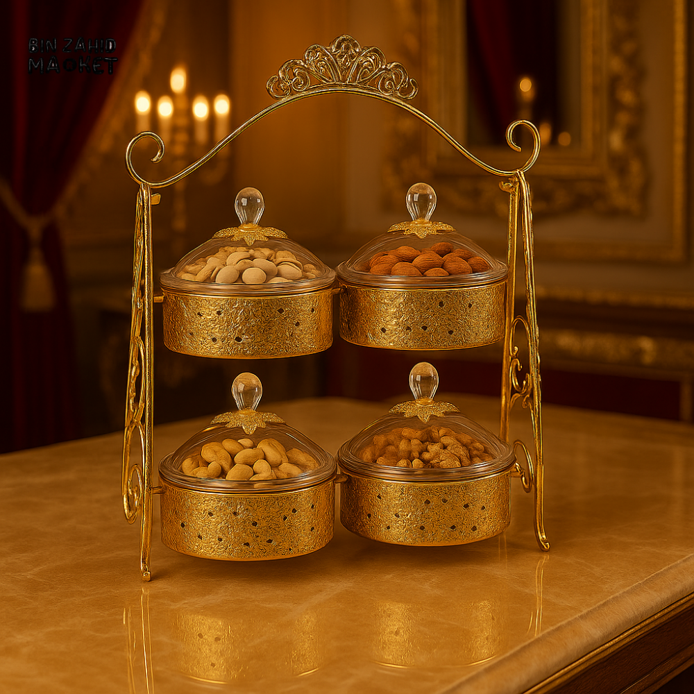 LUXURY GOLDEN DRY FRUIT CONTAINER SET WITH CRYSTAL LIDS – 4 PCS DECORATIVE SERVING BOX WITH STAND DFG02