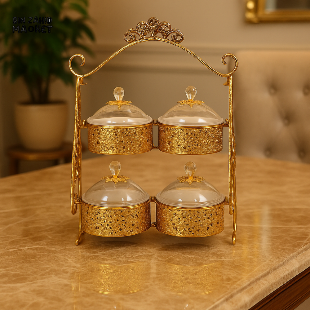 LUXURY GOLDEN DRY FRUIT CONTAINER SET WITH CRYSTAL LIDS – 4 PCS DECORATIVE SERVING BOX WITH STAND DFG02