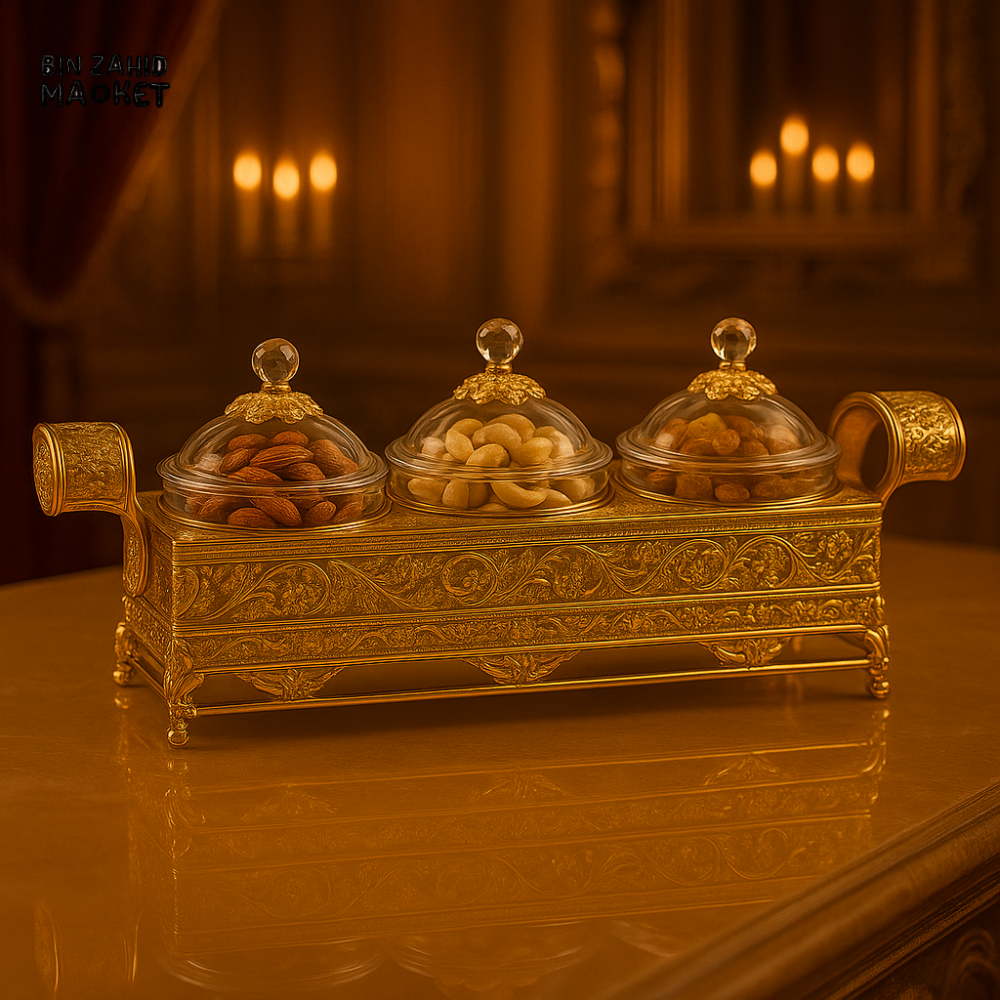 LUXURY GOLDEN DRY FRUIT TRAY SET – 3 CRYSTAL LID CONTAINERS WITH ORNATE HANDLED BASE DFG01