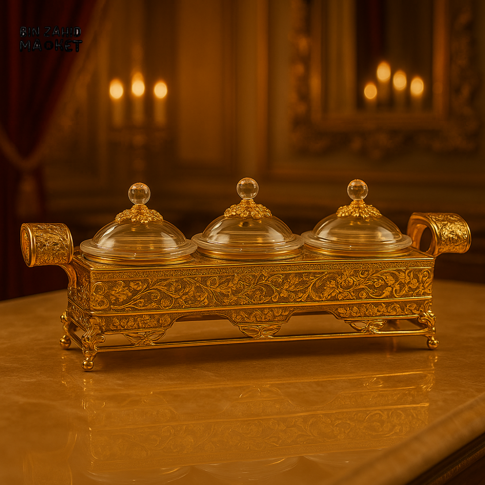 LUXURY GOLDEN DRY FRUIT TRAY SET – 3 CRYSTAL LID CONTAINERS WITH ORNATE HANDLED BASE DFG01