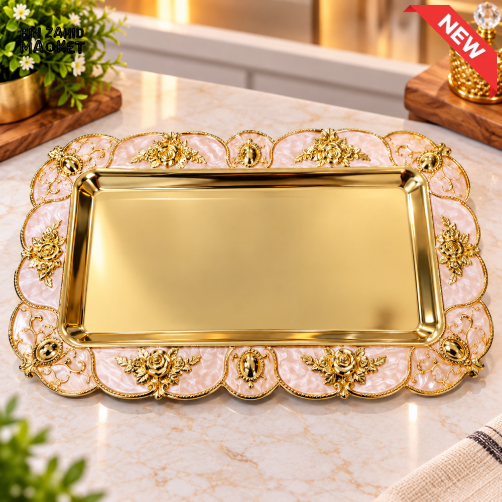 LUXURY GOLDEN FLORAL RECTANGULAR SERVING TRAY