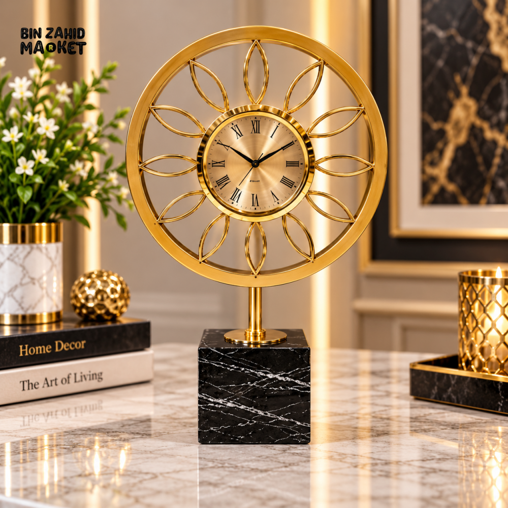 LUXURY GOLDEN FLORAL TABLE CLOCK WITH BLACK MARBLE BASE