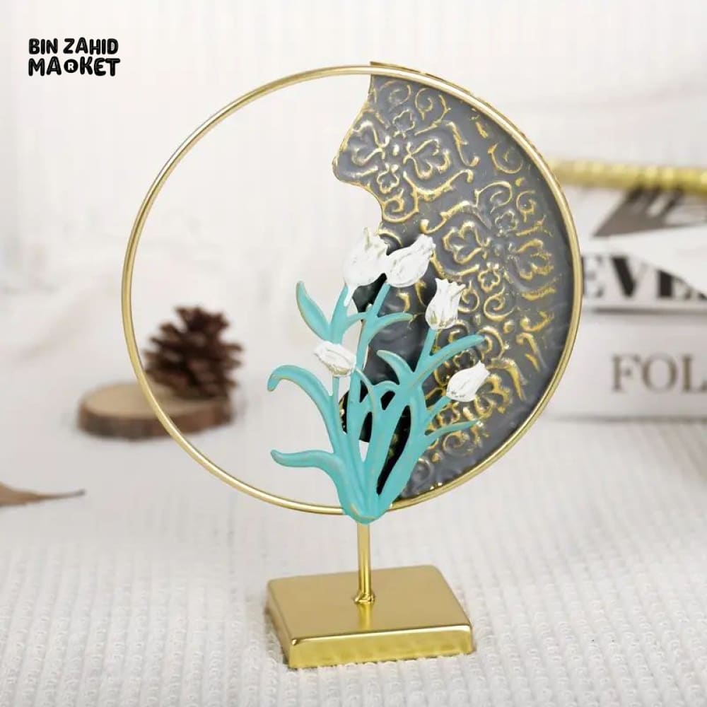 LUXURY GOLDEN FLOWER CIRCLE TABLETOP DECOR – MODERN ABSTRACT METAL HOME ORNAMENT