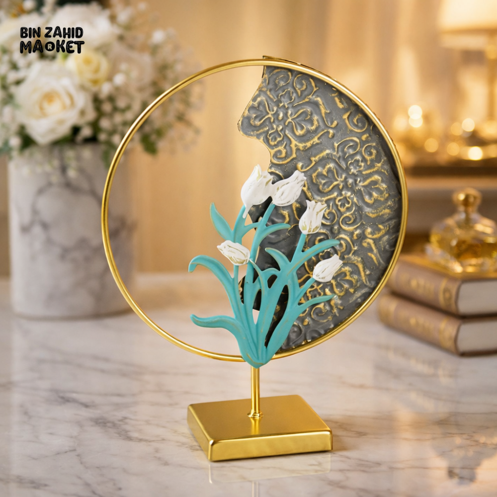 LUXURY GOLDEN FLOWER CIRCLE TABLETOP DECOR – MODERN ABSTRACT METAL HOME ORNAMENT