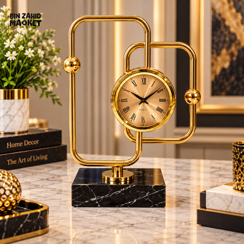 LUXURY GOLDEN GEOMETRIC TABLE CLOCK WITH BLACK MARBLE BASE