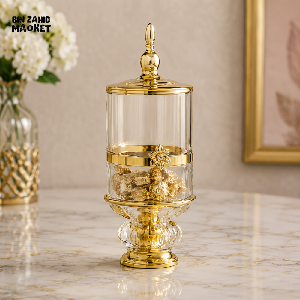 LUXURY GOLDEN GLASS CANDY JAR WITH LID - Storage Jars & Canisters