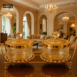 LUXURY GOLDEN GLASS JAR SET WITH CRYSTAL LIDS & ORNATE STAND – ELEGANT VILLA DECOR 2 CONDIMENTS F3895 2