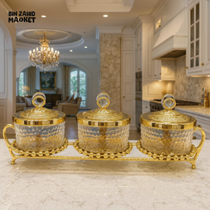 LUXURY GOLDEN GLASS JAR SET WITH CRYSTAL LIDS & ORNATE STAND – ELEGANT VILLA DECOR 3 CONDIMENT F3894 3