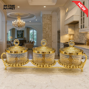 LUXURY GOLDEN GLASS JAR SET WITH CRYSTAL LIDS & ORNATE STAND – ELEGANT VILLA DECOR 3 CONDIMENT F3894 3