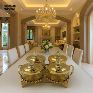LUXURY GOLDEN GLASS JAR SET WITH CRYSTAL LIDS & ORNATE STAND – ELEGANT VILLA DECOR 4 CONDIMENT F3893