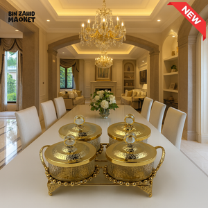 LUXURY GOLDEN GLASS JAR SET WITH CRYSTAL LIDS & ORNATE STAND – ELEGANT VILLA DECOR 4 CONDIMENT F3893