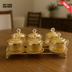 LUXURY GOLDEN GLASS JAR SET WITH CRYSTAL LIDS & ORNATE STAND – ELEGANT VILLA DECOR 6 CONDIMENT F3892