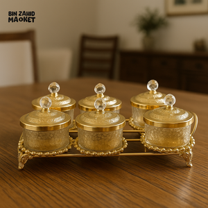 LUXURY GOLDEN GLASS JAR SET WITH CRYSTAL LIDS & ORNATE STAND – ELEGANT VILLA DECOR 6 CONDIMENT F3892