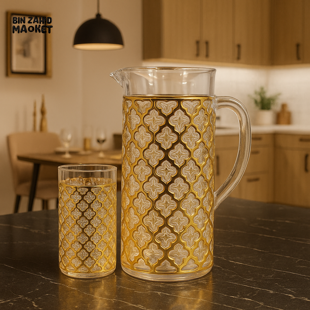 LUXURY GOLDEN GLASS JUG & TUMBLER SET – ELEGANT QUATREFOIL DESIGN FOR KITCHEN & DINING DECOR