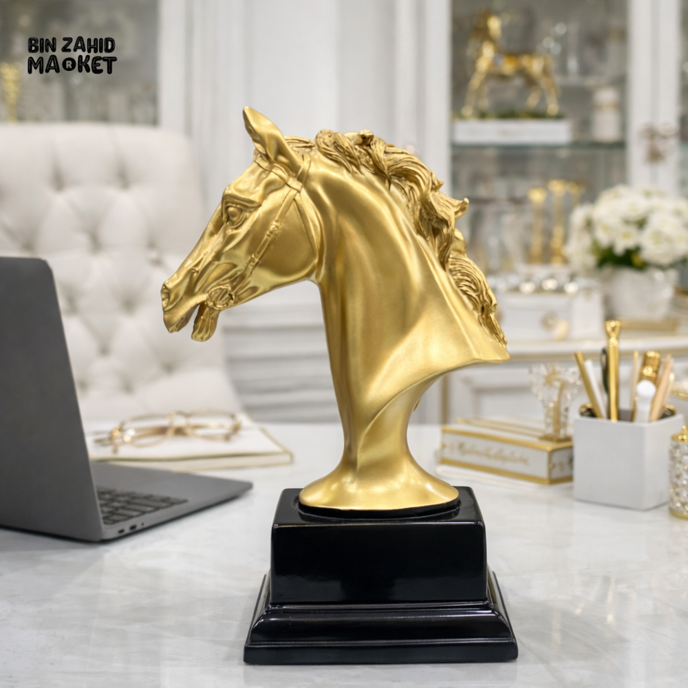 LUXURY GOLDEN HORSE HEAD SCULPTURE WITH BLACK BASE – PREMIUM OFFICE & HOME DECOR STATUE