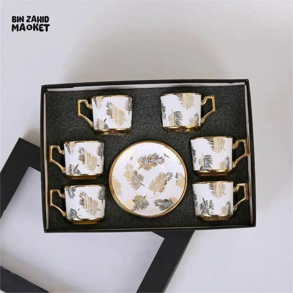 LUXURY GOLDEN LEAF DESIGN TEA CUP & SAUCER SET – 12 PIECES PREMIUM PORCELAIN COFFEE MUG SET WITH GOLD HANDLES & SAUCERS