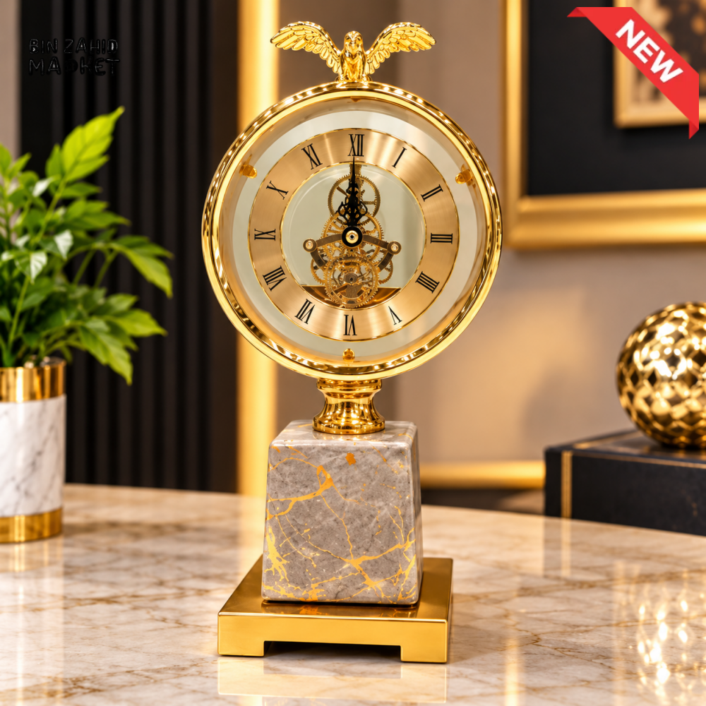 LUXURY GOLDEN MECHANICAL TABLE CLOCK WITH MARBLE STYLE BASE