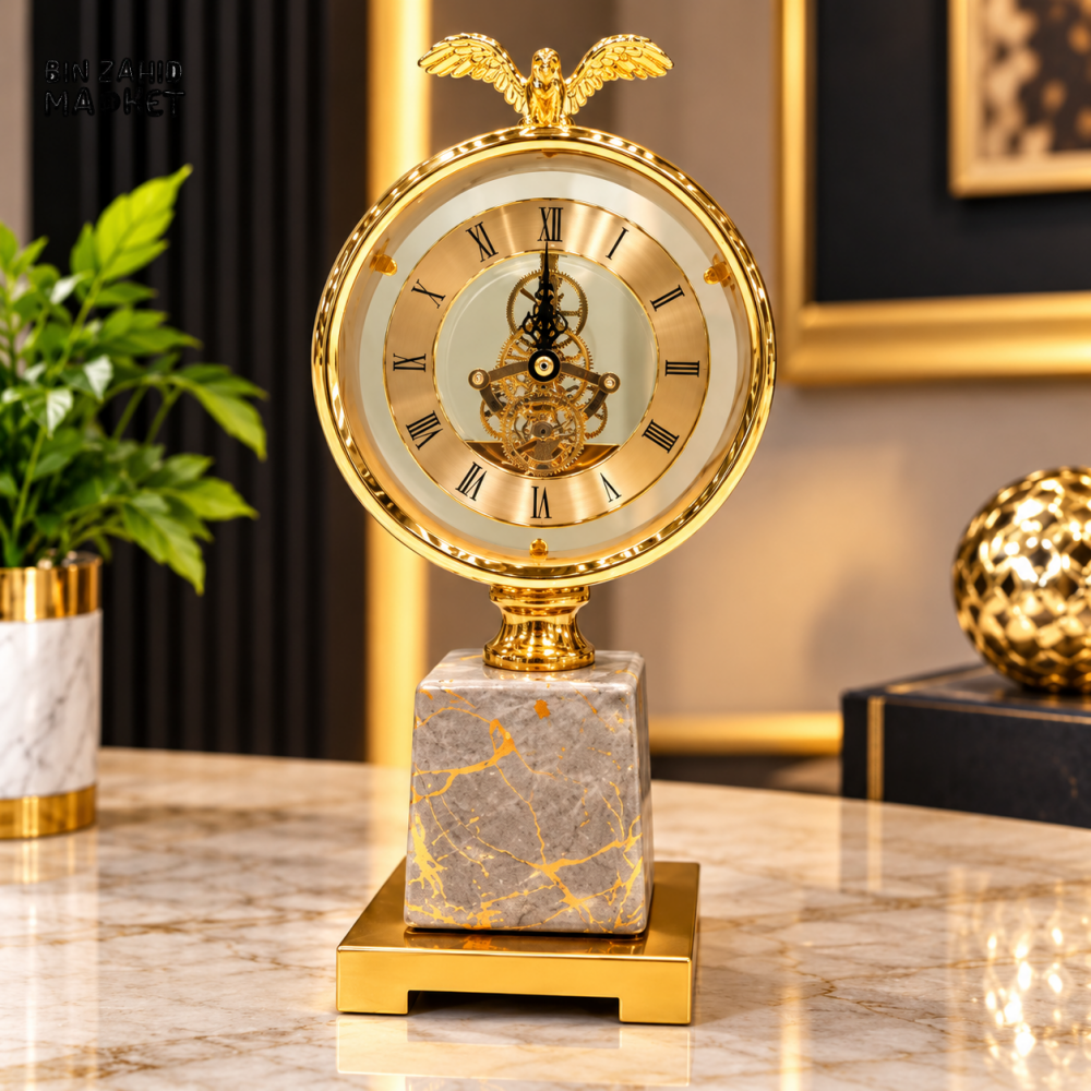 LUXURY GOLDEN MECHANICAL TABLE CLOCK WITH MARBLE STYLE BASE