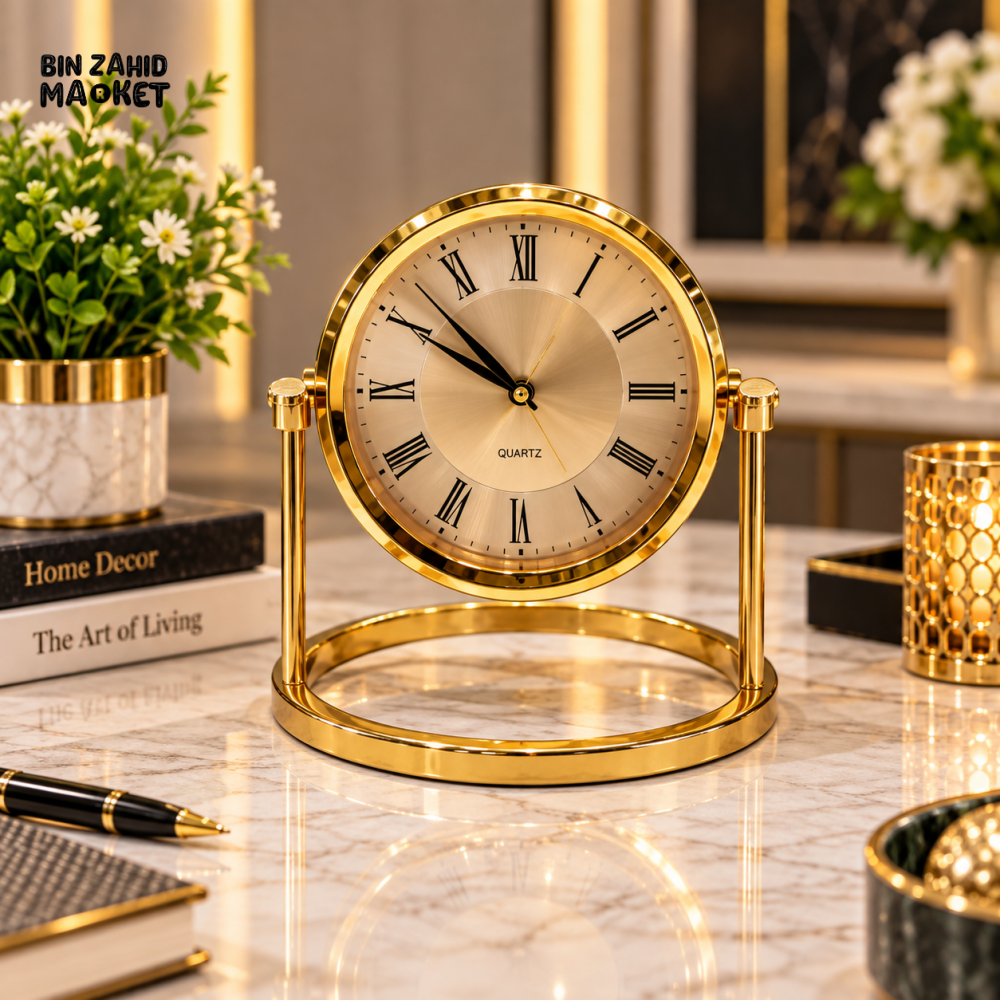 LUXURY GOLDEN ROMAN NUMERAL TABLE CLOCK