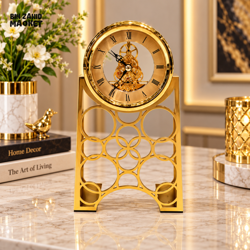 LUXURY GOLDEN SKELETON TABLE CLOCK WITH DECORATIVE FRAME
