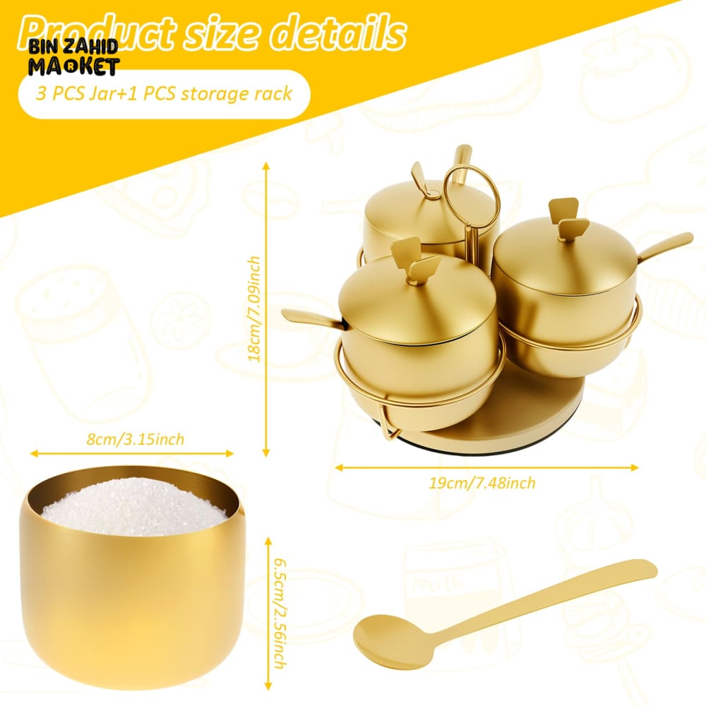 LUXURY GOLDEN STAINLESS STEEL SPICE & SUGAR CONTAINER WITH LID & SPOON – ROTATING SALT CELLAR & SEASONING JAR