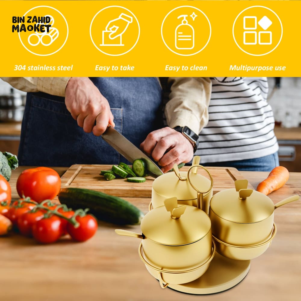 LUXURY GOLDEN STAINLESS STEEL SPICE & SUGAR CONTAINER WITH LID & SPOON – ROTATING SALT CELLAR & SEASONING JAR
