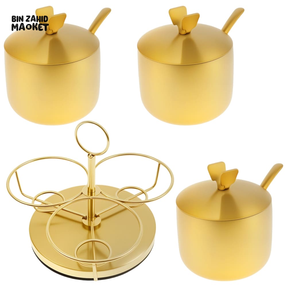 LUXURY GOLDEN STAINLESS STEEL SPICE & SUGAR CONTAINER WITH LID & SPOON – ROTATING SALT CELLAR & SEASONING JAR