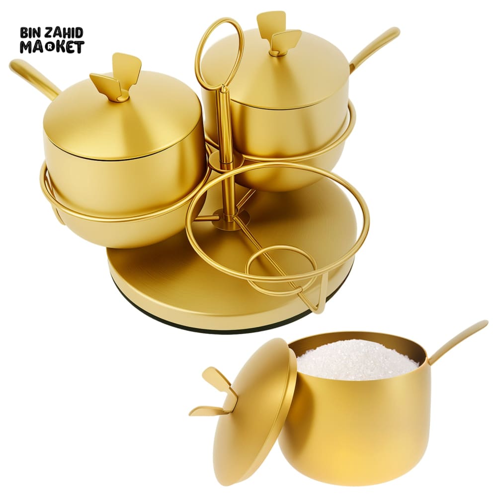 LUXURY GOLDEN STAINLESS STEEL SPICE & SUGAR CONTAINER WITH LID & SPOON – ROTATING SALT CELLAR & SEASONING JAR