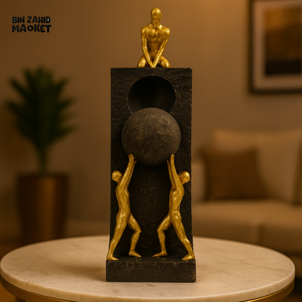 LUXURY GOLDEN STATUE – THREE FIGURES LIFTING SPHERE SYMBOL OF UNITY