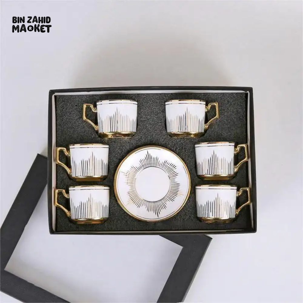 LUXURY GOLDEN STRIPE DESIGN TEA CUP & SAUCER SET – 12 PIECES ELEGANT PORCELAIN COFFEE MUG SET WITH GOLD HANDLES &