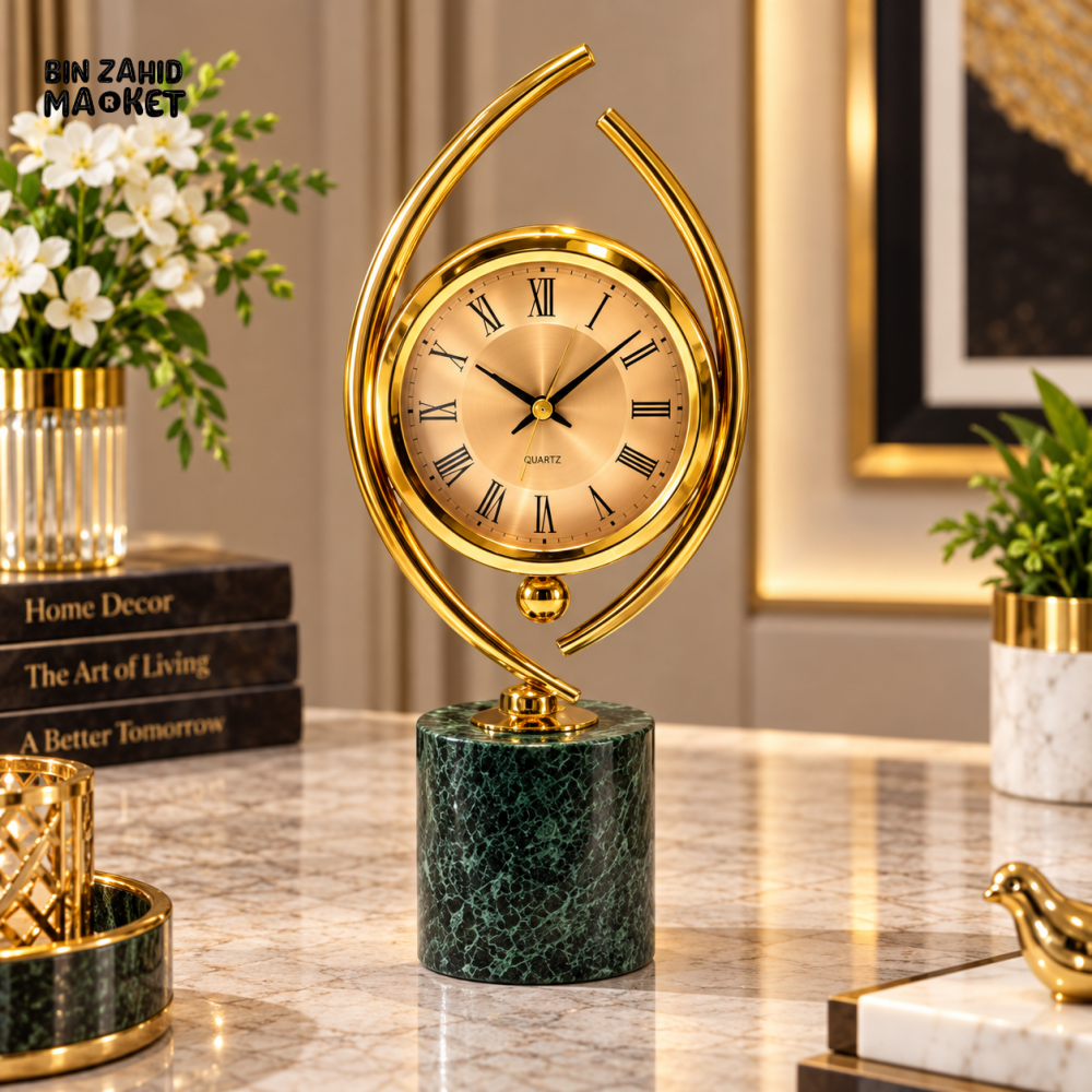 LUXURY GOLDEN TABLE CLOCK WITH GREEN MARBLE BASE