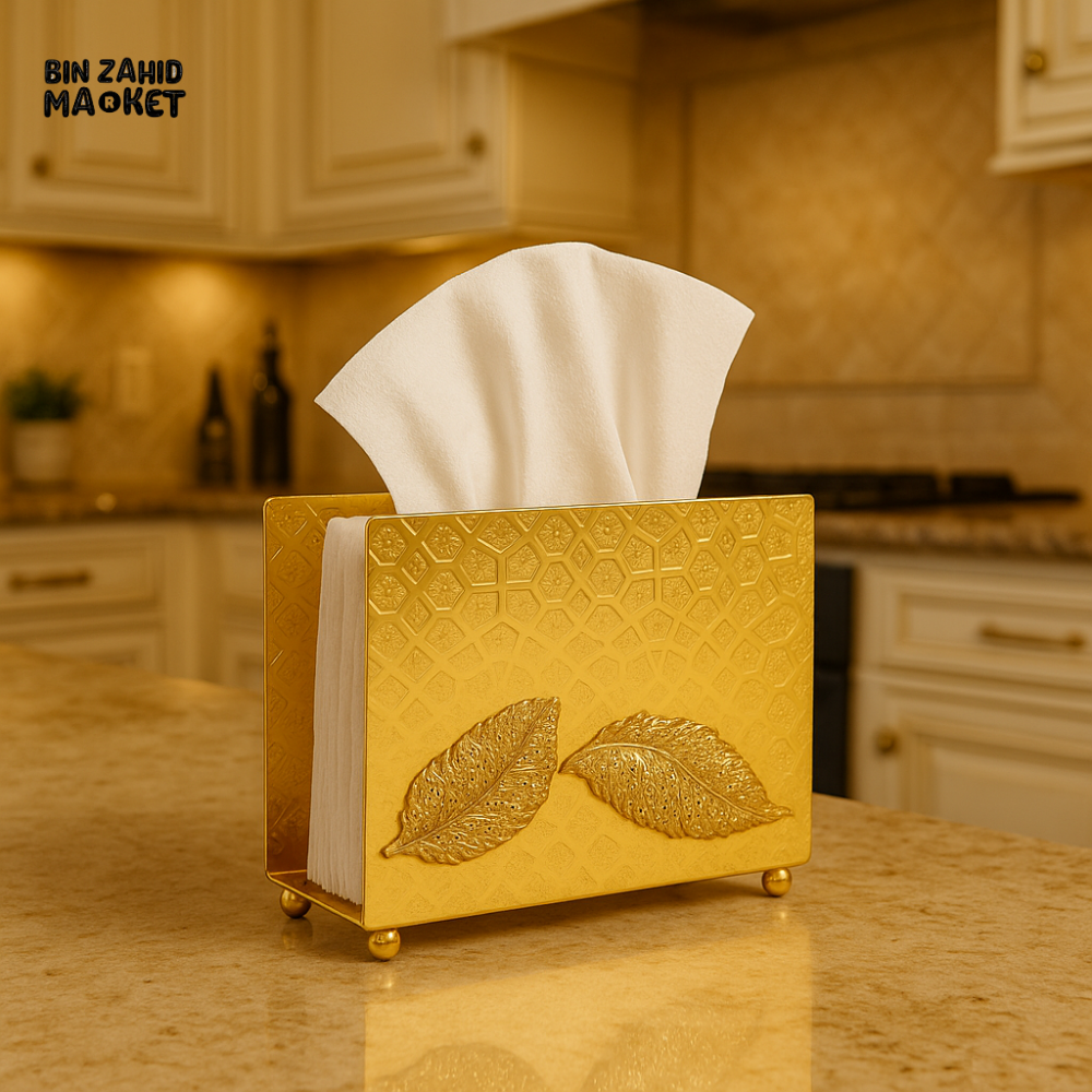 LUXURY GOLDEN TISSUE HOLDER – EMBOSSED LEAF DESIGN | ELEGANT TABLETOP DECOR THO1