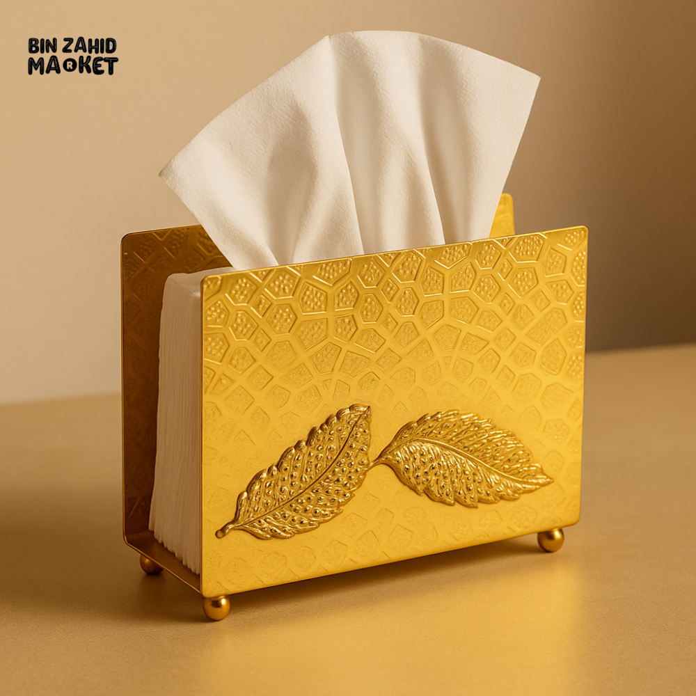 LUXURY GOLDEN TISSUE HOLDER – EMBOSSED LEAF DESIGN | ELEGANT TABLETOP DECOR THO1