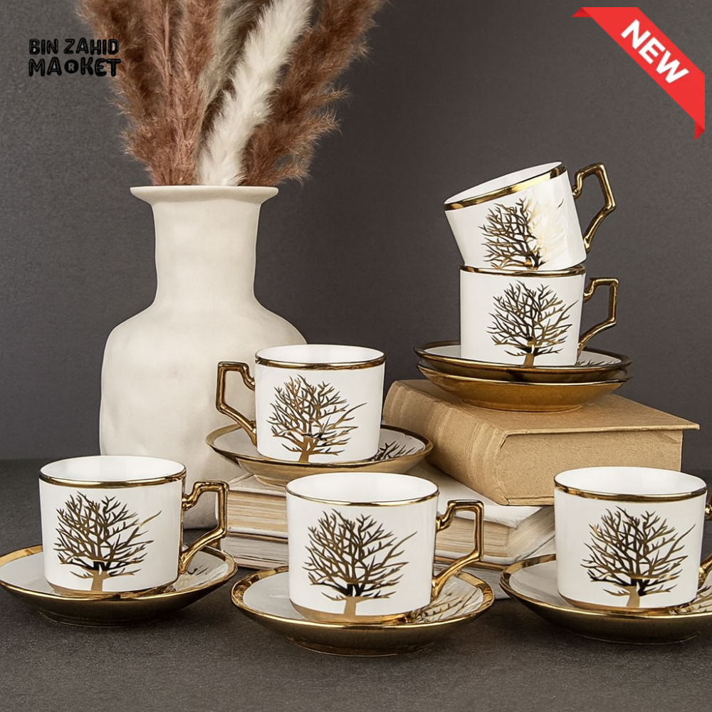 LUXURY GOLDEN TREE DESIGN TEA CUP & SAUCER SET – 6 PIECES ELEGANT PORCELAIN COFFEE MUG SET WITH HANDLE & SAUCERS FOR
