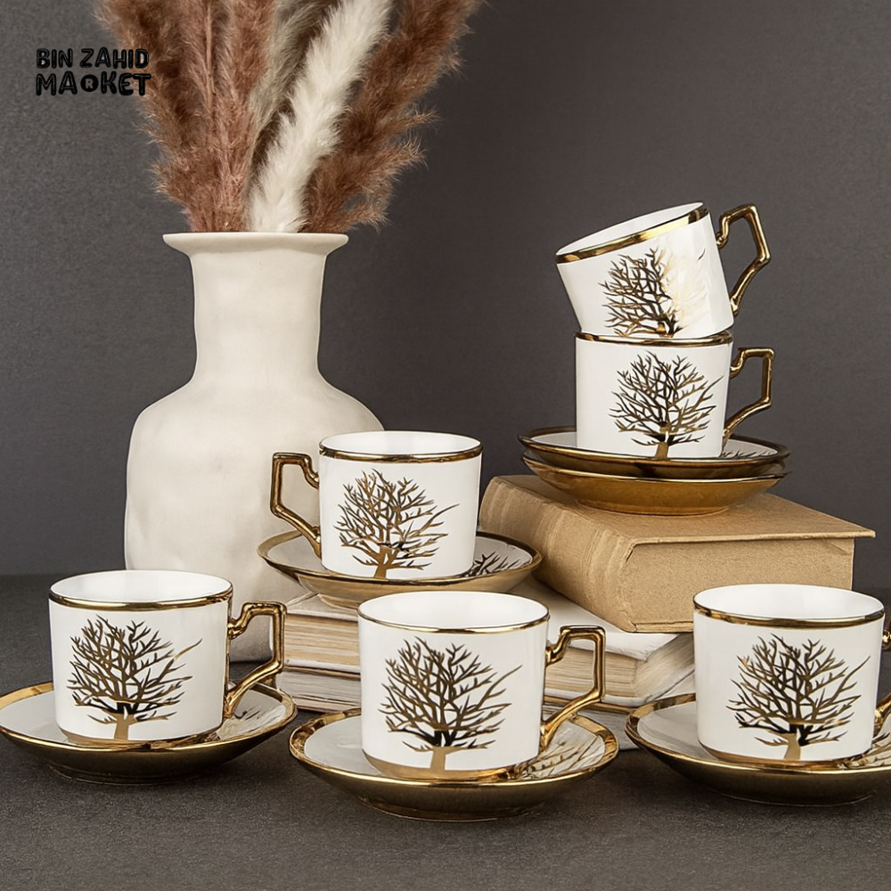 LUXURY GOLDEN TREE DESIGN TEA CUP & SAUCER SET – 6 PIECES ELEGANT PORCELAIN COFFEE MUG SET WITH HANDLE & SAUCERS FOR