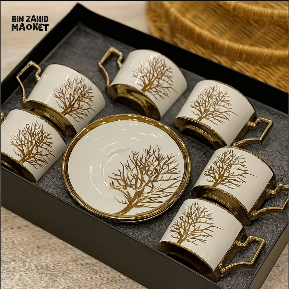 LUXURY GOLDEN TREE DESIGN TEA CUP & SAUCER SET – 6 PIECES ELEGANT PORCELAIN COFFEE MUG SET WITH HANDLE & SAUCERS FOR