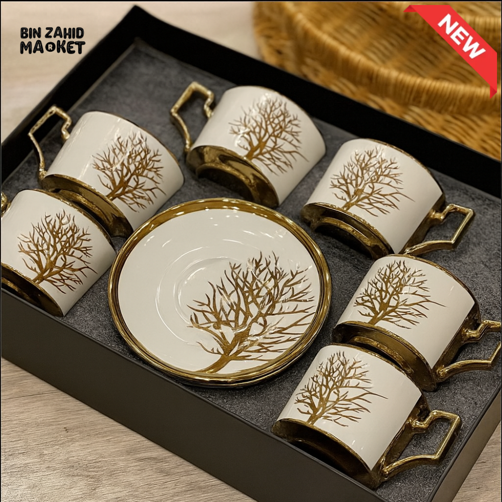 LUXURY GOLDEN TREE DESIGN TEA CUP & SAUCER SET – 6 PIECES ELEGANT PORCELAIN COFFEE MUG SET WITH HANDLE & SAUCERS FOR