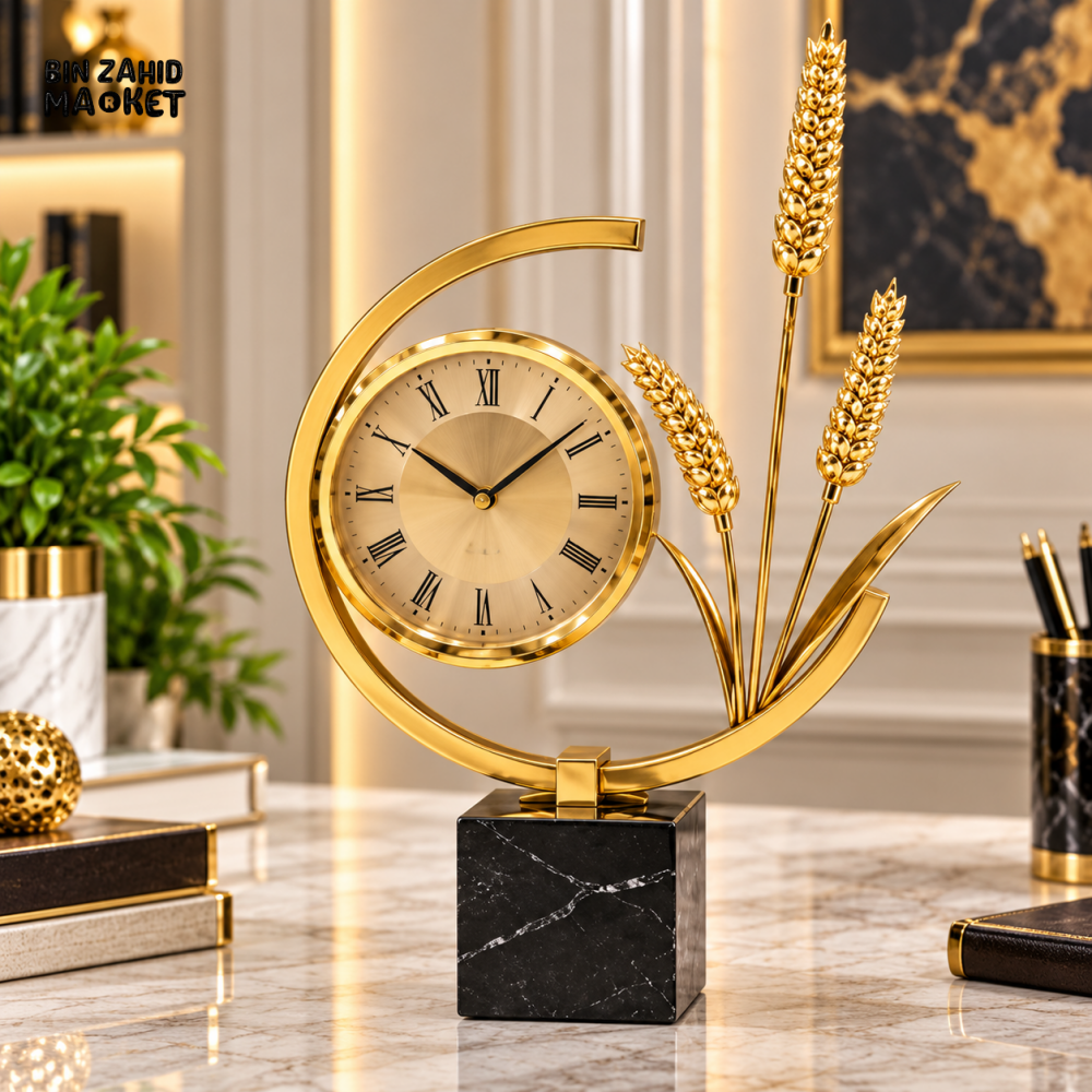 LUXURY GOLDEN WHEAT DESIGN TABLE CLOCK WITH MARBLE BASE