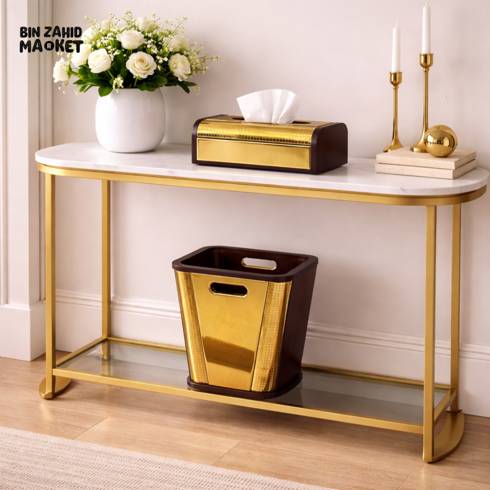 LUXURY GOLDEN WOODEN TISSUE BOX & DUSTBIN SET