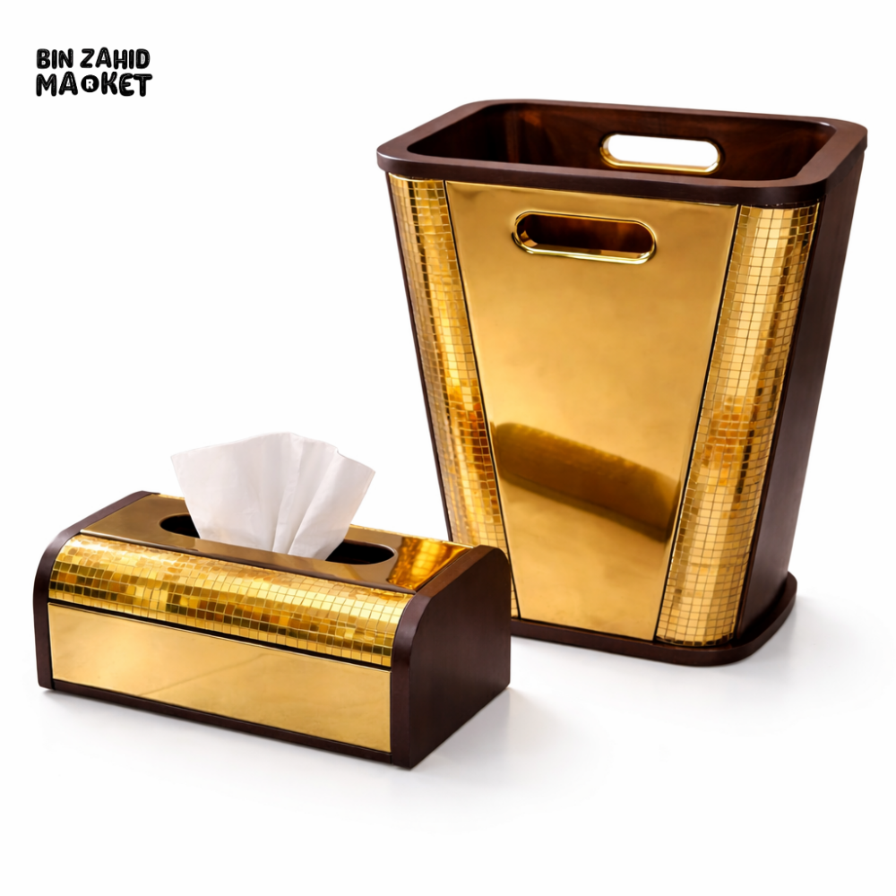 LUXURY GOLDEN WOODEN TISSUE BOX & DUSTBIN SET