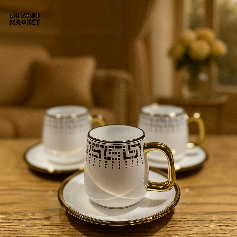 LUXURY GREEK PATTERN ESPRESSO CUP SET – GOLD HANDLE DESIGN