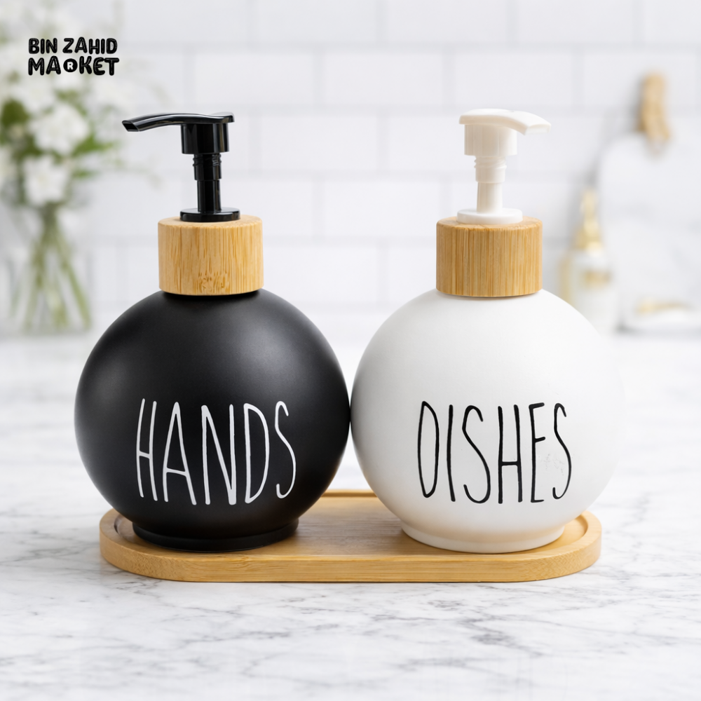 LUXURY HANDS & DISHES SOAP DISPENSER SET WITH BAMBOO TRAY